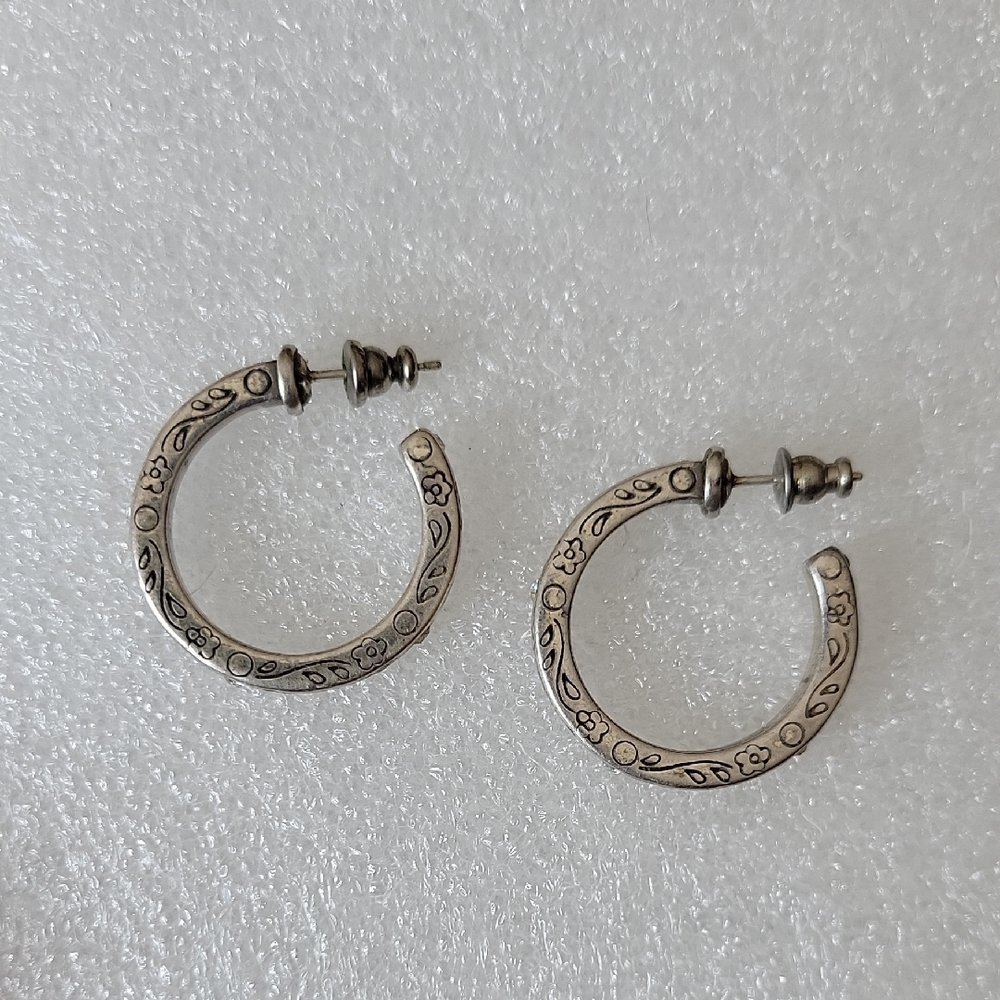 Brighton Vintage Silver Crystal Etched Floral Hoop Post Earrings
